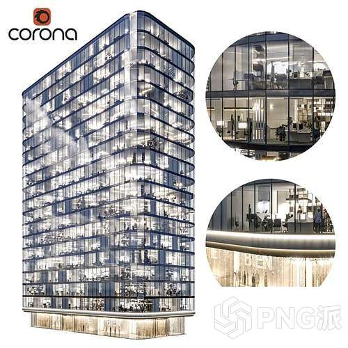 玻璃幕墙写字楼建筑3D模型 - PNG派