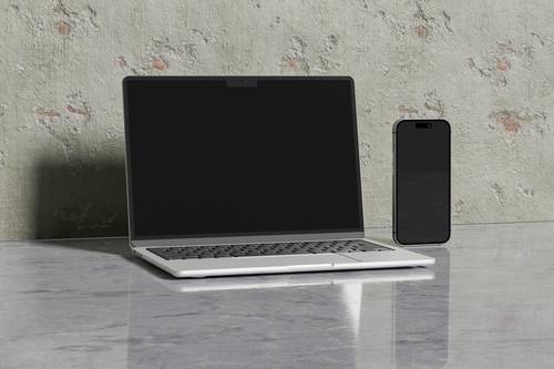 大理石台面笔记本电脑手机展示PS样机模板 - PNG派