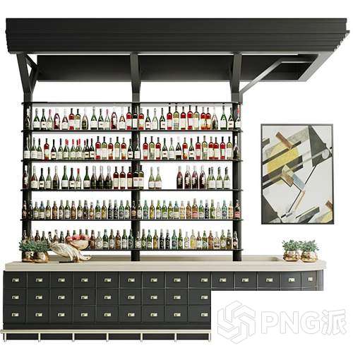 黑金风酒柜吧台组合3D模型 - PNG派