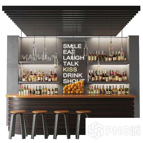 工业风酒吧吧台组合3D模型 - PNG派