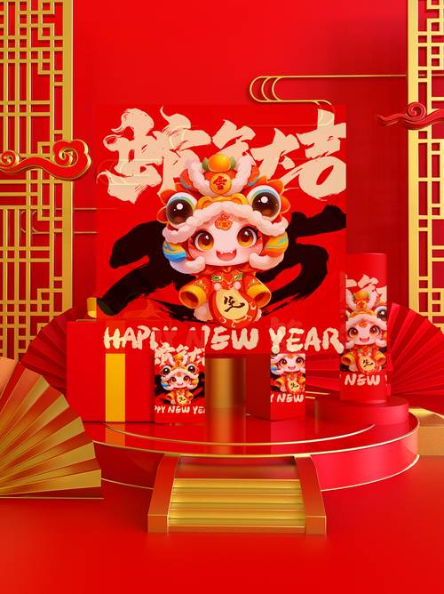 红色喜庆新年礼盒包装贴图PS样机模板 - PNG派