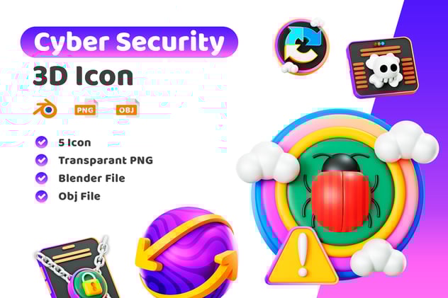 网络安全病毒3D图标资源包 - PNG派