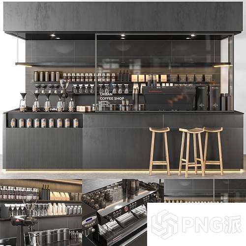 暗黑系咖啡店主理台高脚凳组合3D模型 - PNG派
