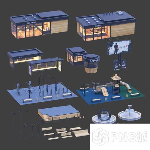 社区配套设施组合3D模型 - PNG派