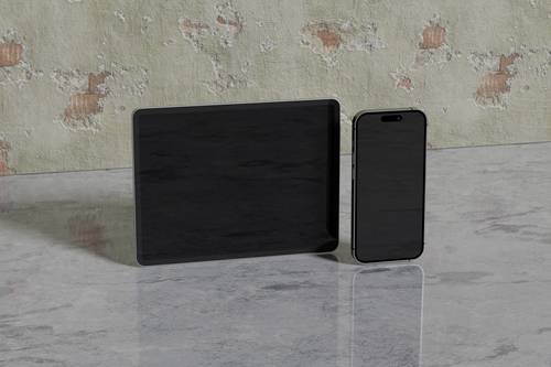 大理石台面笔记本电脑手机展示PS样机模板 - PNG派