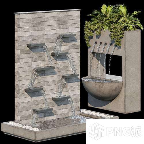 混凝土叠级流水绿植装饰组合3D模型 - PNG派