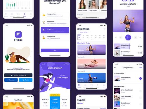 Fitbox 适用于Adobe XD的锻炼和膳食计划UI套件 - PNG派