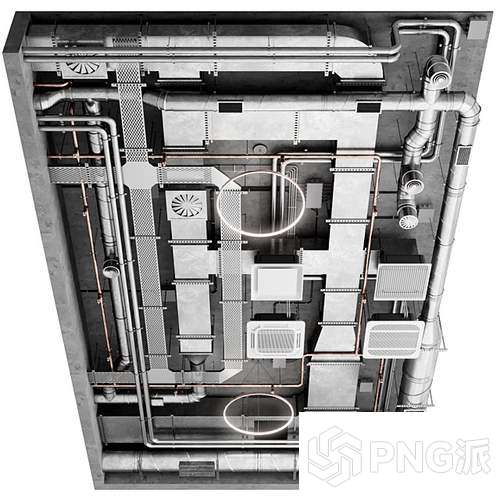 工业风裸顶管道灯具组合3D模型 - PNG派