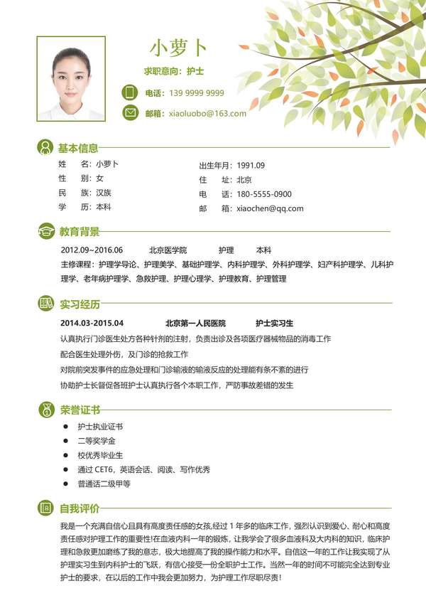 页word简历展示护士职业技能与经验免费下载 - PNG派