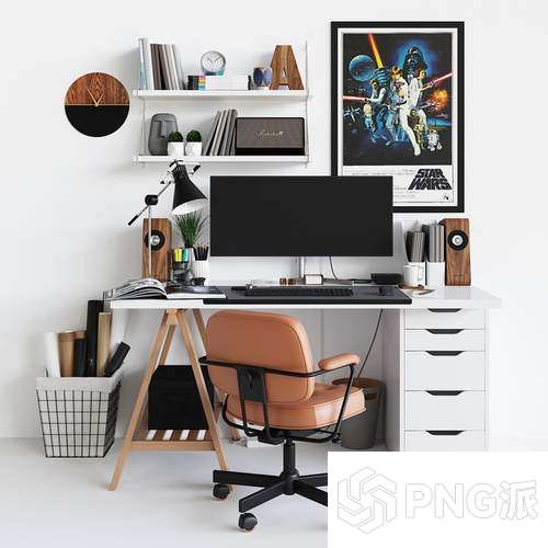 书桌办公桌电脑椅3D模型 - PNG派