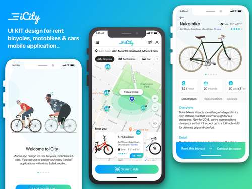 iCity 租赁自行车移动应用程序UI素材 - PNG派