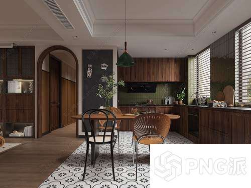 复古风餐厅桌椅套装3D模型 - PNG派