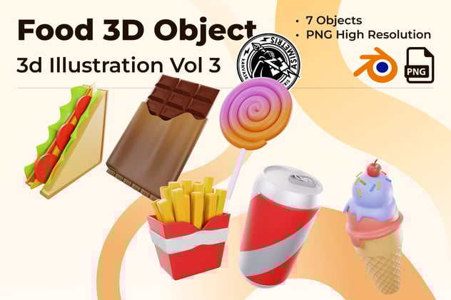 甜蜜快餐3D图标包Blender模型 - PNG派