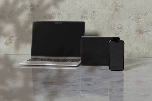 大理石台面笔记本电脑手机展示PS样机模板 - PNG派