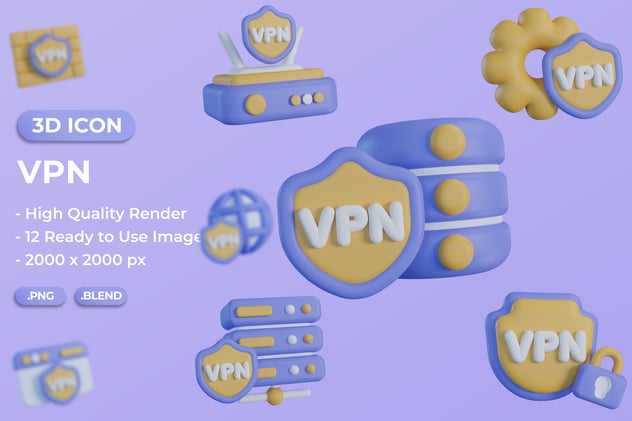 VPN虚拟专用网络3D图标资源包 - PNG派