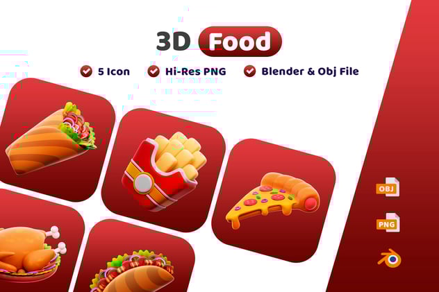 快餐美食炸鸡汉堡薯条3D图标资源包 - PNG派