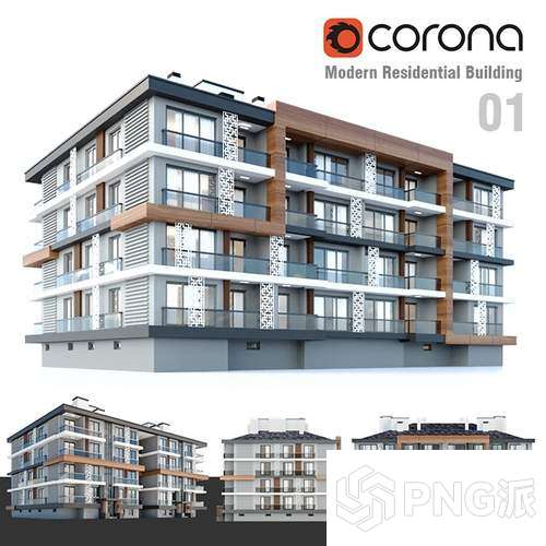 多材质拼接现代公寓建筑3D模型 - PNG派