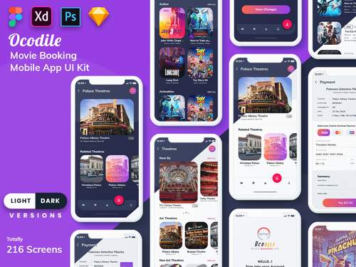 Ocodile电影预订手机应用程序UI套件（浅色和深色） - PNG派