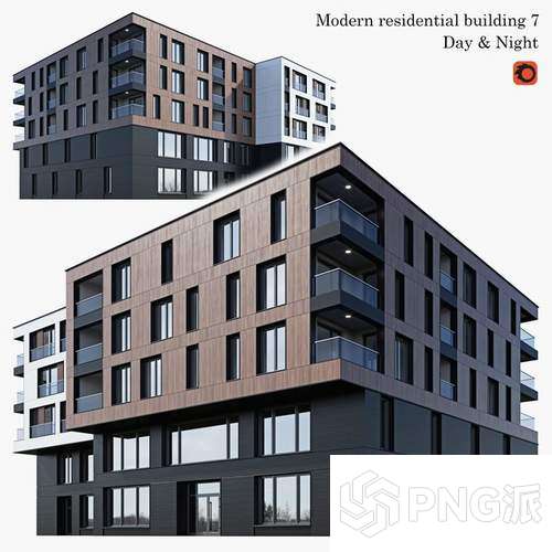 深棕立面现代公寓建筑3D模型 - PNG派