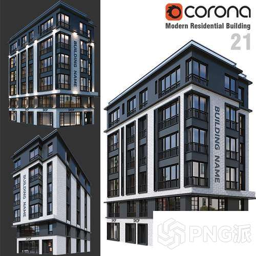 黑灰拼色高层住宅建筑3D模型 - PNG派
