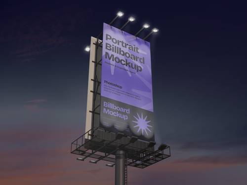 夜晚竖形高炮广告展示PS样机模板 - PNG派